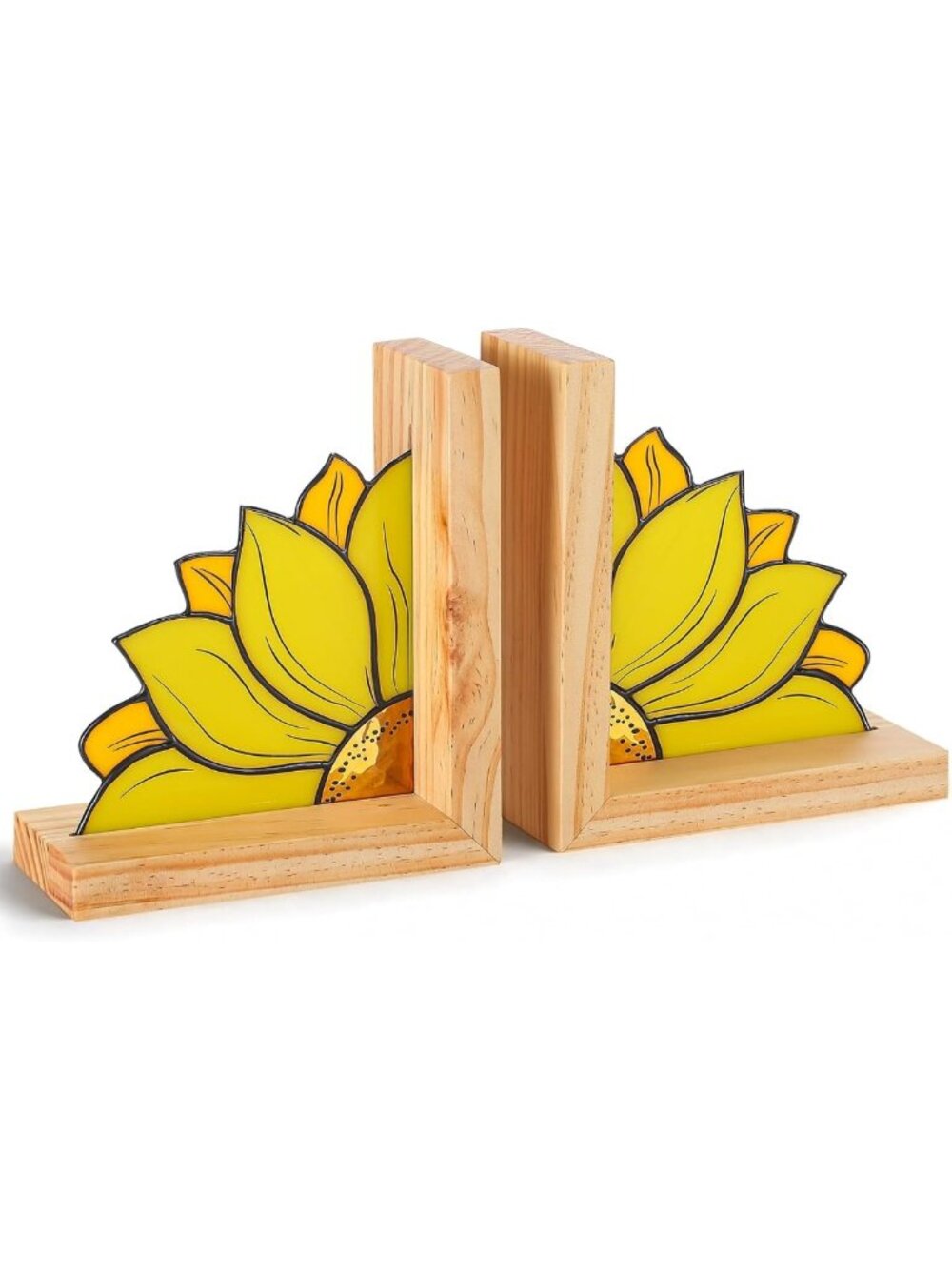 Sunflower Stained Glass Bookends with Oak Base | Cute Organizer for Shelves